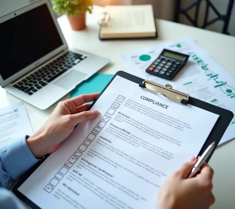 Business owner checking items off a compliance checklist