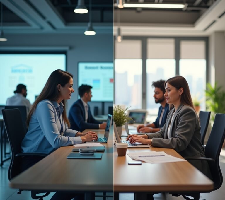 Two people working in different settings, office and remote