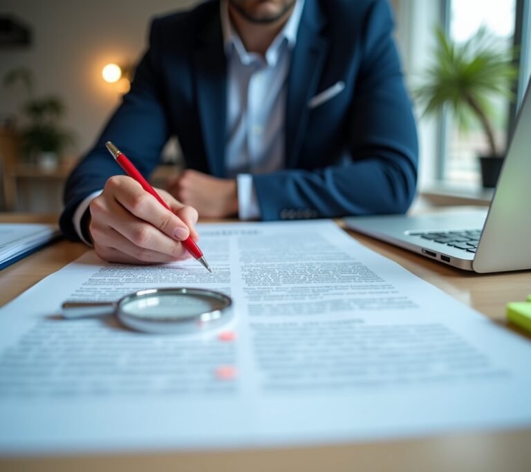 Business owner reading a contract with a pen in hand
