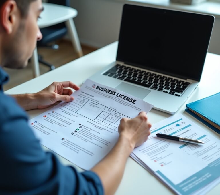 Business owner reviewing a stack of permit applications