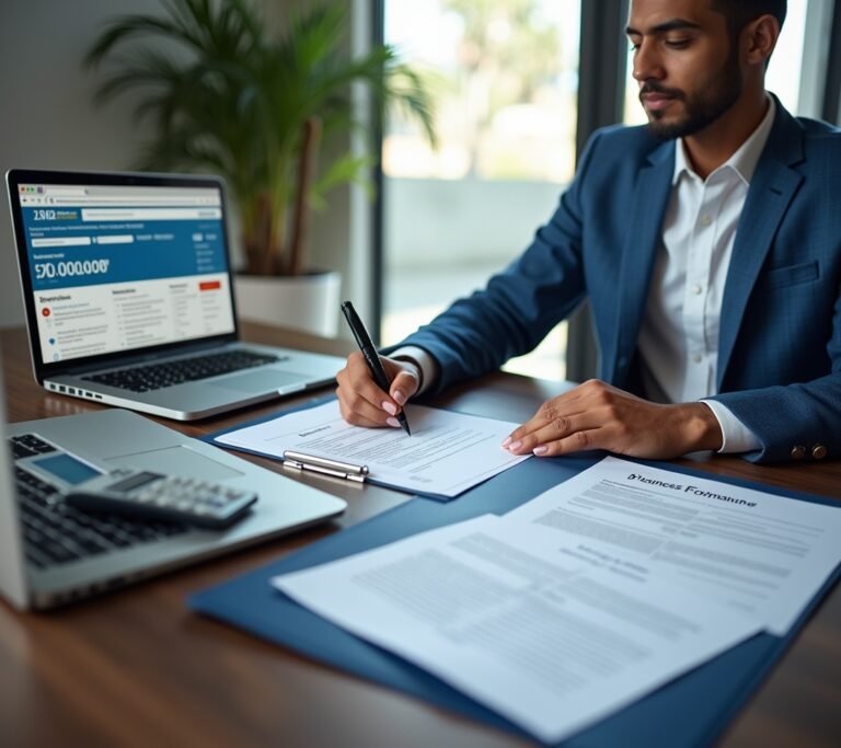 Entrepreneur signing business formation paperwork at desk