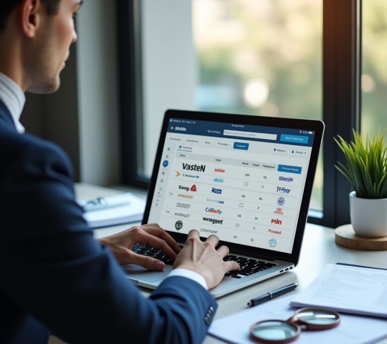 Person searching a trademark database on a laptop